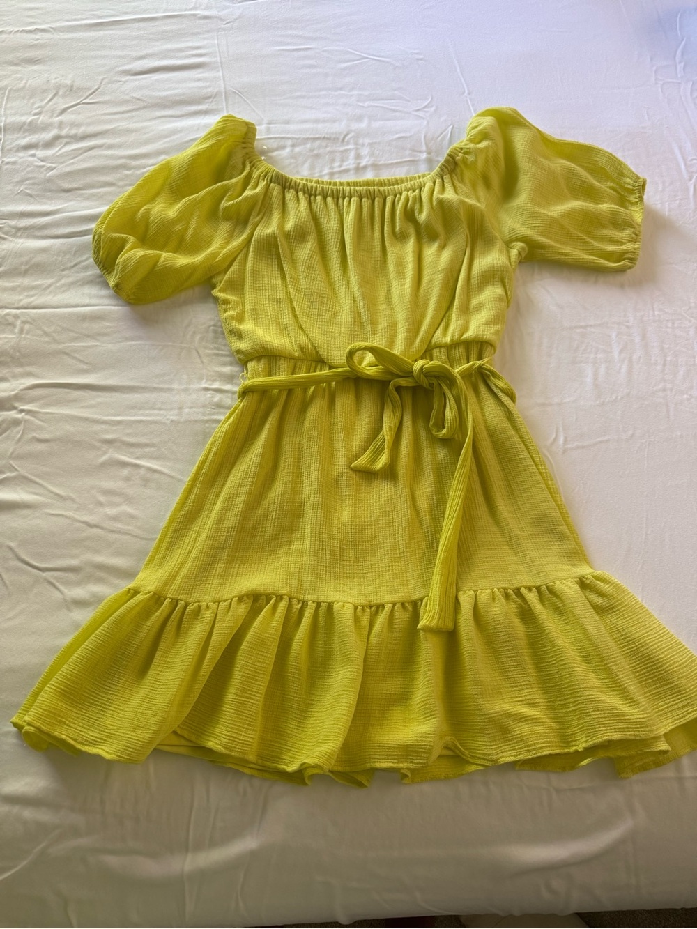All in Favor Bright Yellow Off-Shoulder Belted Mini Dress